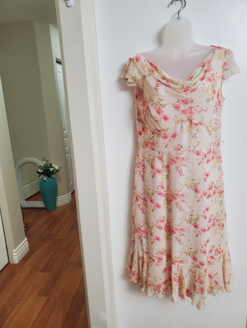 Ann Taylor Pink Floral Cowl-Neck Midi Dress 8